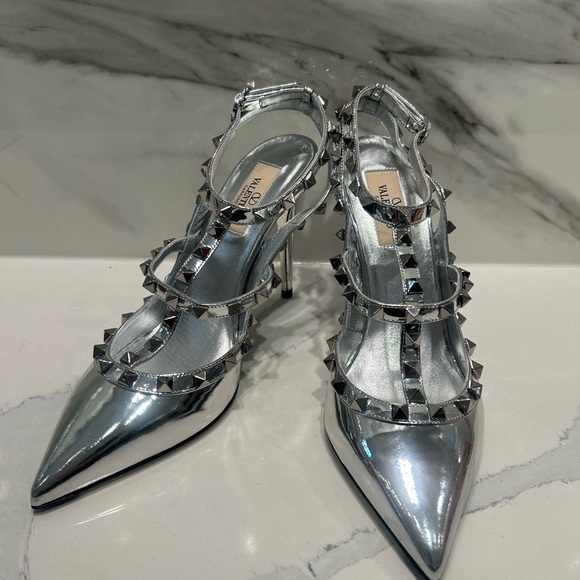 Valentino Shoes - Valentino Silver Metallic Rockstud Pointed Slingback Heels